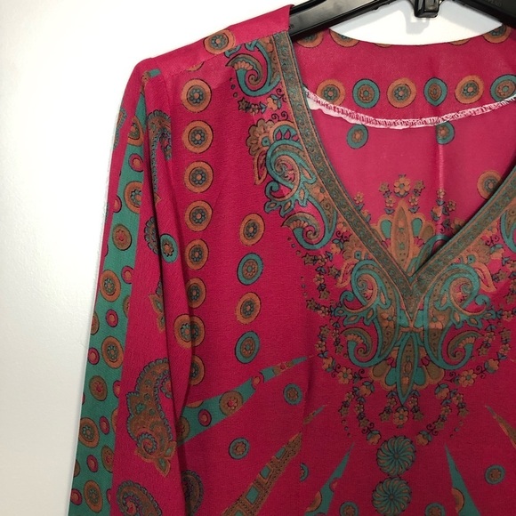 Kurti Magenta Blue Print Long Sleeve Side Slits Sheer Lightweight Tunic Dress - Picture 7 of 13